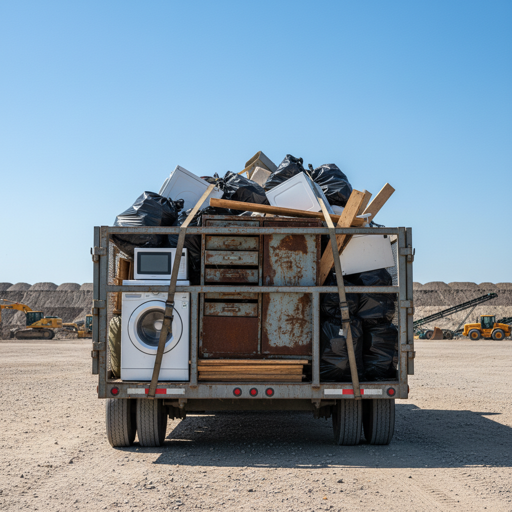 A long, open flatbed trailer fully loaded with assorted heavy rubbish—worn-out appliances, a rusted metal cabinet, bundled lumber, and packed contractor bags—backs toward a modern regional landfill in the Quad Cities under a vivid blue sky. The trailer’s steel frame and thick tires are in crisp focus, emphasizing durability and strength. Diffused midday sunlight creates clear, defined shadows beneath the trailer and along the gravel access road. The distant landfill mounds and industrial equipment are softened with a slight blur to keep attention on the trailer. Photographic realism with a centered composition and wide-angle lens, conveying an efficient, no-nonsense rubbish removal operation with a bold, professional mood.