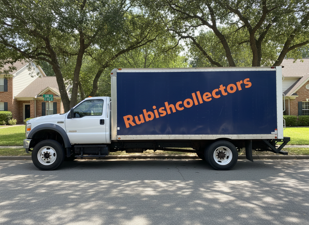 A photorealistic medium-duty box truck, standalone with no trailer attached, parked on a street shot from the side. The full truck is visible from front to back. The box body is navy blue with bold orange lettering reading "Rubishcollectors" painted clearly along the side panel. Clean, professional, real-world lighting, suburban or residential street setting. No trailer. No illustration or stylization.